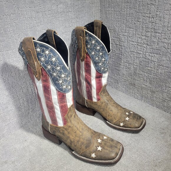 JB Dillon Men’s 8 D Square Toe Distressed American Flag Patriotic Cowboy Boots - Picture 8 of 12
